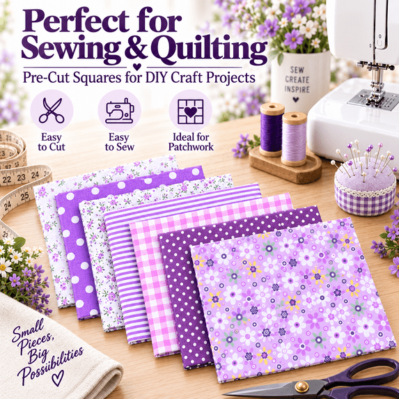 7pcs Patchwork Fabric Bundle - Quilting Squares for DIY Sewing, Soft Craft Fabric Pieces, Perfect for Quilt Making & Handicrafts, Assorted Color Fabric Set for Crafters, Purple, 9.84*9.84in