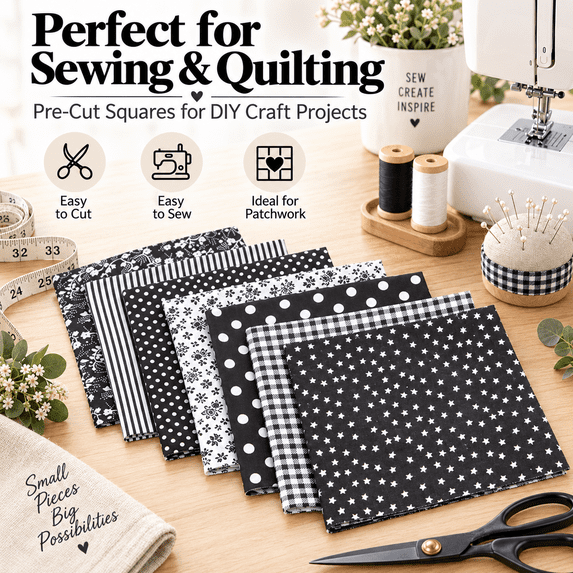 7pcs Patchwork Fabric Bundle - Quilting Squares for DIY Sewing, Soft Craft Fabric Pieces, Perfect for Quilt Making & Handicrafts, Assorted Color Fabric Set for Crafters, Black, 9.84*9.84in