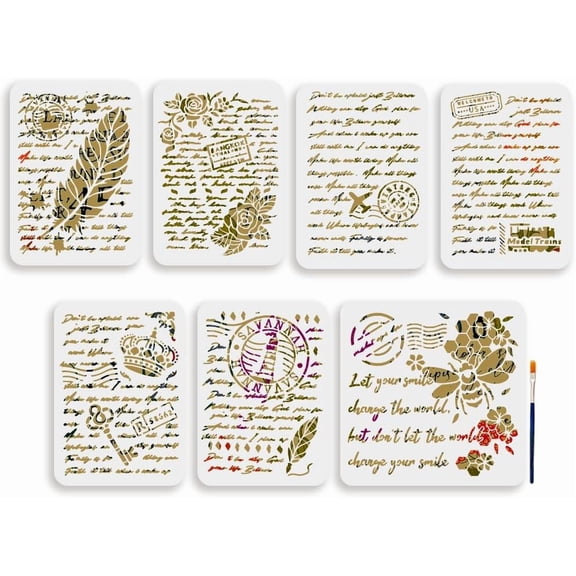 7pcs Retro Text Templates 11.8×11.8/11.7×8.3inch Feather Pen Rose Article Retro Art Painting Stencil Reusable Plastic Stencil for Painting on Wood Wall Fabric Home Decor
