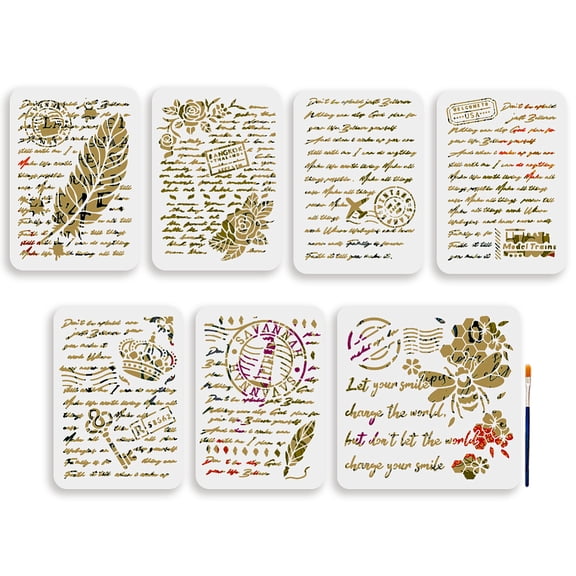 7pcs Retro Text Templates 11.811.8/11.78.3inch Feather Pen Rose Article Retro Art Painting Stencil Reusable Plastic Stencil Painting