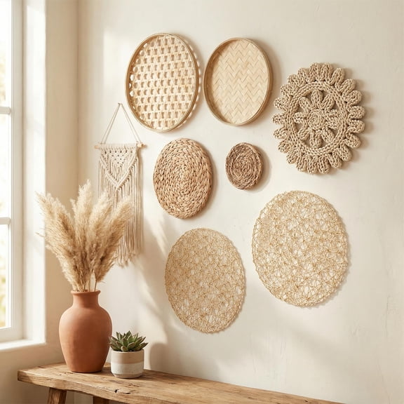 7pcs/Set Boho Wall Decor, Hand-woven Hanging Baskets, Woven Wall Decor, Rustic Rattan Wall Decor Suitable for Living Room, Bedroom, Office for Housewarming Gifts, Home Aesthetic
