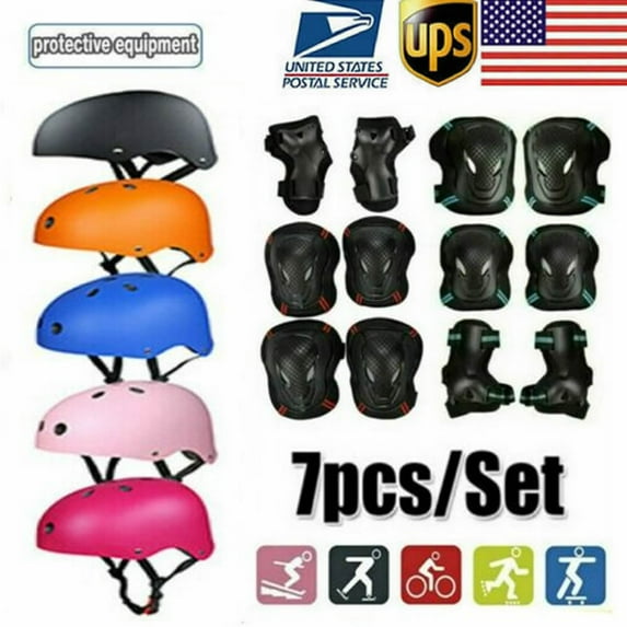 7pcs Set Helmet Elbow Knee Wrist Pads Cycling Sports for Youths Kids Children Teen Outdoor Skating Skateboard Safety Protective Gear