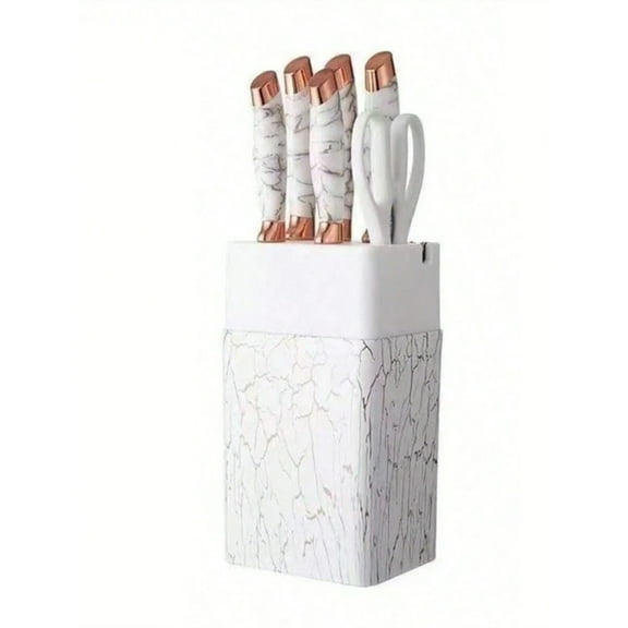 7pcs/Set,Knife Set, Five Multifunctional Chef Knives, A Pair Of Scissors, With A Base, Stainless Steel, Marble Pattern, Simple Luxury Style, Four Colors Of