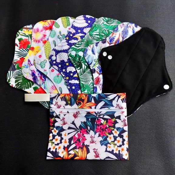 7pcs/Set Reusable Menstrual Pads Including 1pc Mini Wet Bag +6pcs Bamboo Charcoal Cloth Menstrual Incontinence Pads/Reusable Sanitary/Mama Panty Liners (All Randomly Prints)