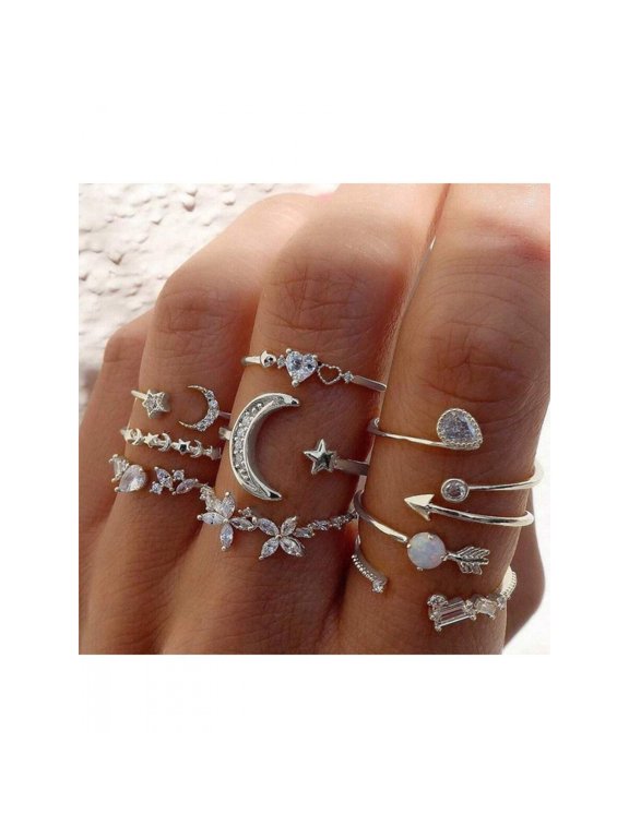 7pcs Silver Minimalist Celestial & Floral Rhinestone Ring Set For Women Daily Wear Wedding Gift