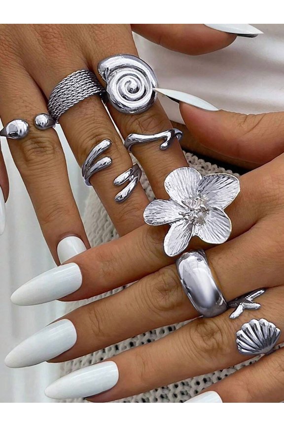 7pcs Silver Tone Thick Layered Ring Set With Flower Shell Spiral & Mesh Designs For Women