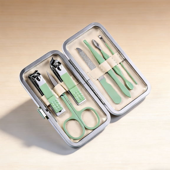 7pcs Stainless Steel Manicure Set, Professional Nail Clippers & Dead Skin Shears Kit, Complete Manicure Pedicure Tools with Storage Box, Sharp Grooming Kit for Home and Salon Use, 3*4in, Green