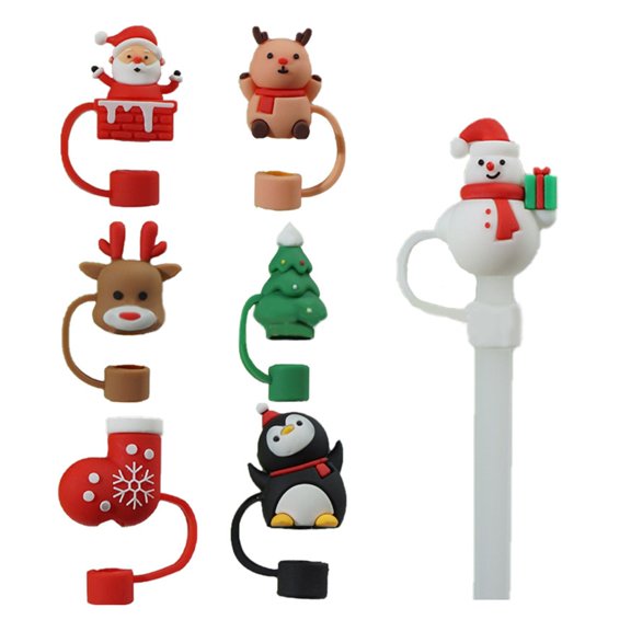 7pcs Straw Toppers Christmas Santa Straw Cover Cap Protectors Silicone Straw Tip Lid for Cup Decoration