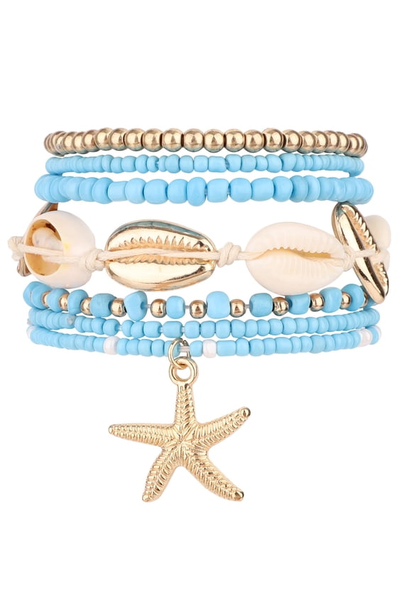 7pcs Summer Beach Stackable Bracelets for Women, Shell Seashell Starfish Beaded Surfer Bracelets Set, Boho Seaside Holiday Vacation Party Friendship Jewelry Gift