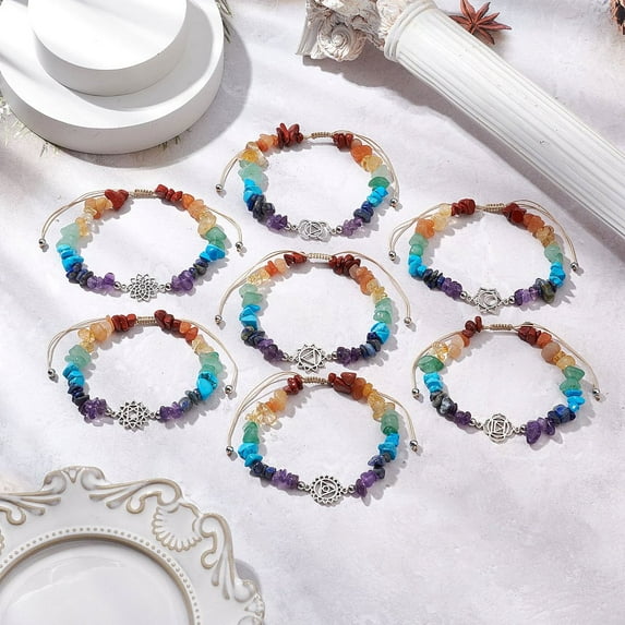 7pcs Theme Natural Mixed Gemstone Chips Beads Bracelets Charm Jewelry for Women Inner Diameter: 1-7/8~3-3/8 inch(4.9~8.5cm)