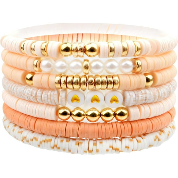 7pcs Trendy Friendship Bracelets Heishi Clay Bead Stack Colorful Beaded Pearls Stretch Boho Stackable Bracelet Jewelry Bulk for Women Summer Beach Birthday Gifts