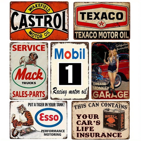 7pcs Vintage Metal Garage Signs Set - Hanging Gas Station Tin Signs, Man Cave Decor, Old Car Signs, Auto Gasoline Wall Decorations - 8x12 inchs