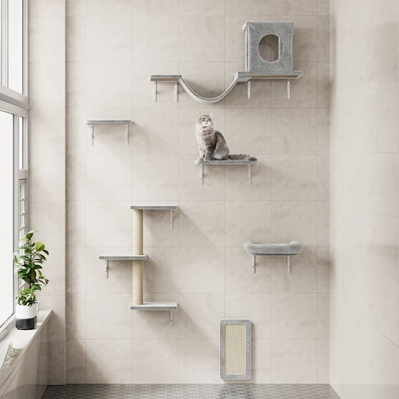 7pcs Wall Mounted Cat Furniture, 6pcs Cat Wall Furniture, Cat Climber With Cat House, Bridge, Tree, Steps, And Scratcher, Cat Walls Playground, Cat Shelves For Indoor Wall Furniture Set