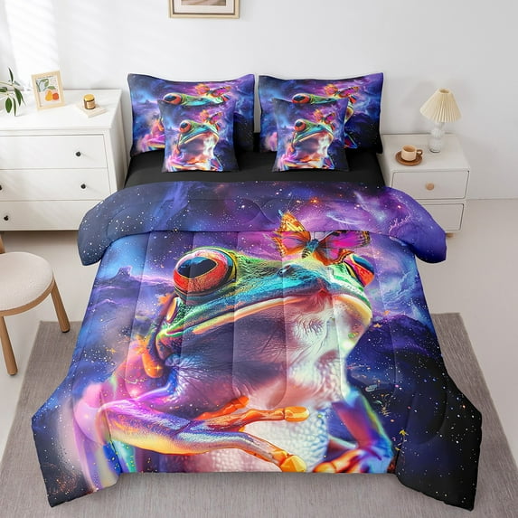 7pcs Watercolor Frog Bedding Queen Purple Navy Blue Comforter Set, Woodland Wildlife Bedding Comforter Sets Cute Animal Bed in a Bag, Glitter Stars Galaxy Bedding Accessories
