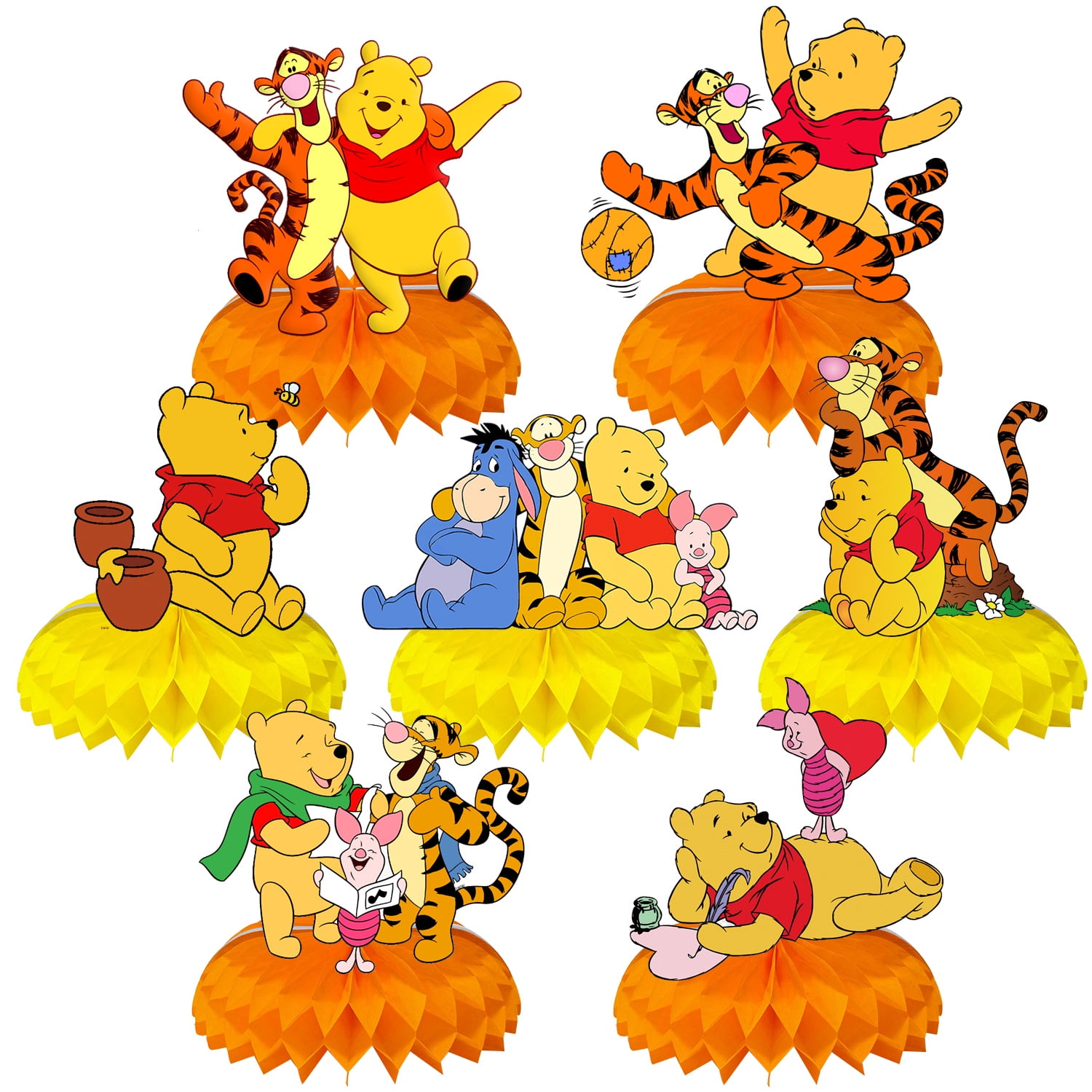 7pcs Winnie the Pooh Theme Cartoon style 3D Double Side Honeycomb Centerpieces Table Toppers, Birthday Party Decorations Supplies for kids.