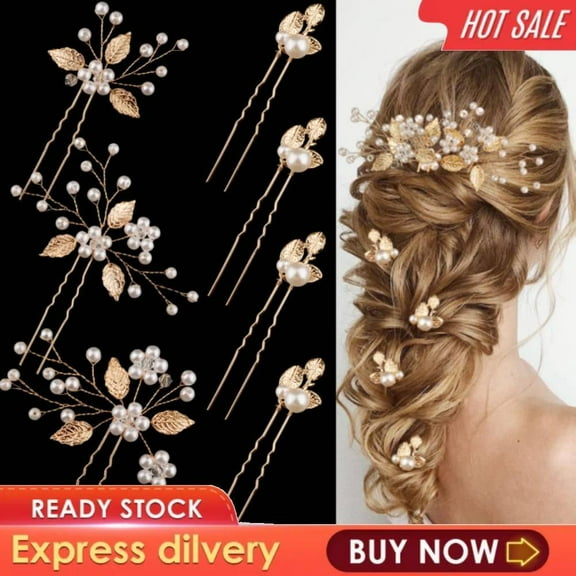 7pcs Women Wedding Hair Pins Gold Leaf Bride Headpiece Pearl Hair Styling Pins