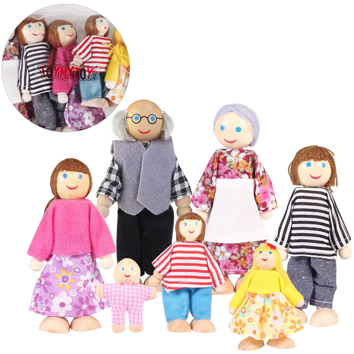 7pcs Wooden Dolls Pretend Play Set Dolls Family for Children Kids