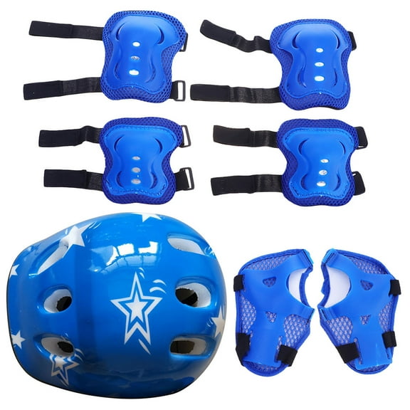 7pcs in 1 Set Blue Adjustable Skating Helmet Kits Outdoor Protector Skateboard Gear Knee Pad Elbow Pads Balance Car Protective Pads for Kids