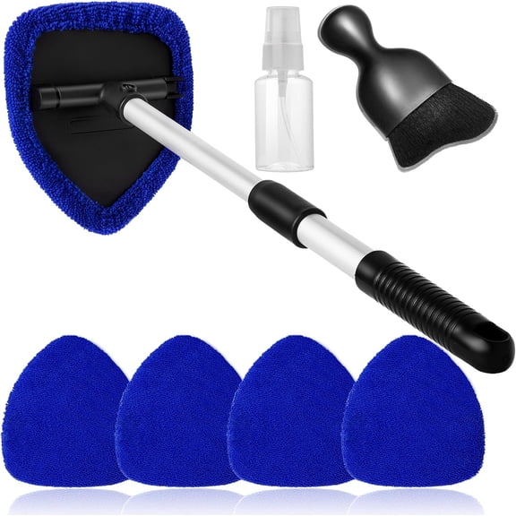 7pcs indshield Cleaner Tool Car indo Cleaning ash Kit ith 4 Reusable Microfiber Pads 1 Spray Bottle and Extendable Handle Auto Glass iper Kit, Blue