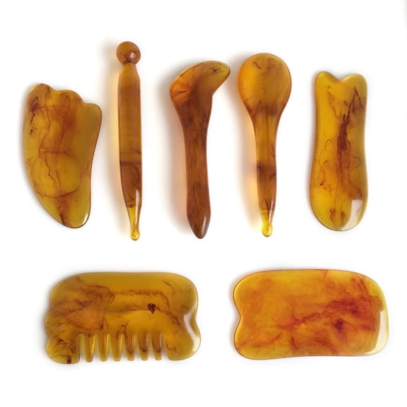 7pcs/set Natural Resin Amber Massage Scraping for Face Neck Gua Sha Scraper Massager Therapy