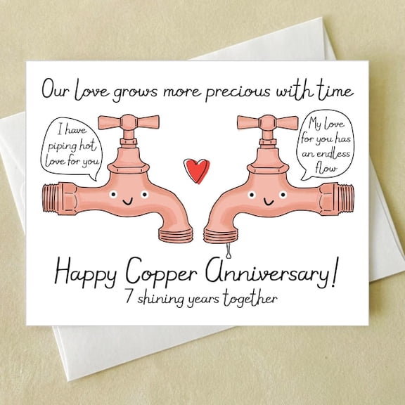 7th Copper Anniversary Card, Funny Greeting Card for Husband or Wife, Cute Faucet Design, 7 Years Together, Romantic Anniversary Gift
