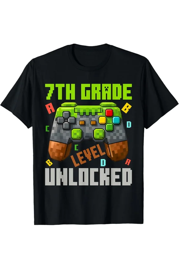 7th Grade Level Unlocked Gamer First Day of School Funny Gift Unisex T-Shirt ,up to size 5XL