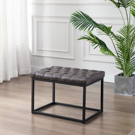7th Haven Inc. WOVENBYRD 24" Button Tufted Metal Ottoman Black Faux Leather