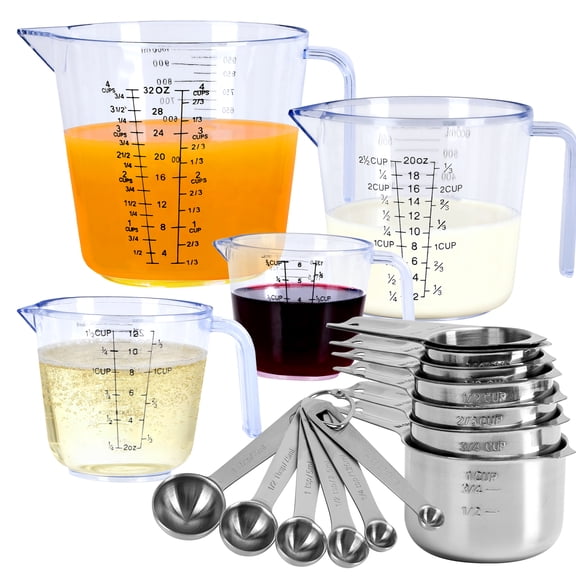 7x Stainless Steel Measuring Cups + 6x Measure Spoons Set+4x Plastic liquid Measurings Cups for Liquids,Kitchen Gadgets for Cooking & Baking Utensils(17Pcs)