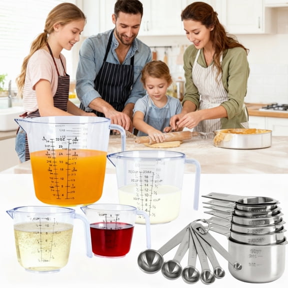 7x Stainless Steel Measuring Cups + 6x Measure Spoons Set+4x Plastic Liquid Measurings Cups for Liquids,Kitchen Gadgets for Cooking & Baking Utensils(17Pcs)