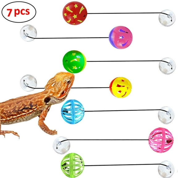 7x Toy Bell Balls with Suction Cup And Rope, Pet Supplies Exercise Reptiles Lizards Toy Balls for Gecko, Hamster, Bird, Hamsters, Frogs