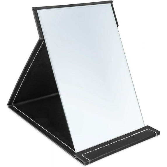 7x10 Inches Makeup Mirror, Portable PU Leather Folding Desktop Vanity Mirror with Adjustable Stand for Vanity Table, Office, Travel (L, Black)
