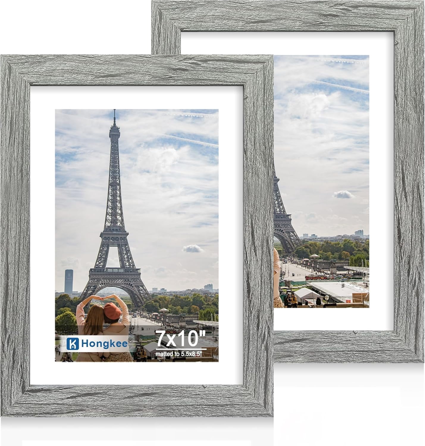 7x10 Picture Frame Set of 2, Made of Real Glass and Grey Wooden Frame - Display 5.5 x 8.5 Diploma Frame with Mat or 7x10 Without Mat, 7 by 10 Photo for Wall or Tabletop