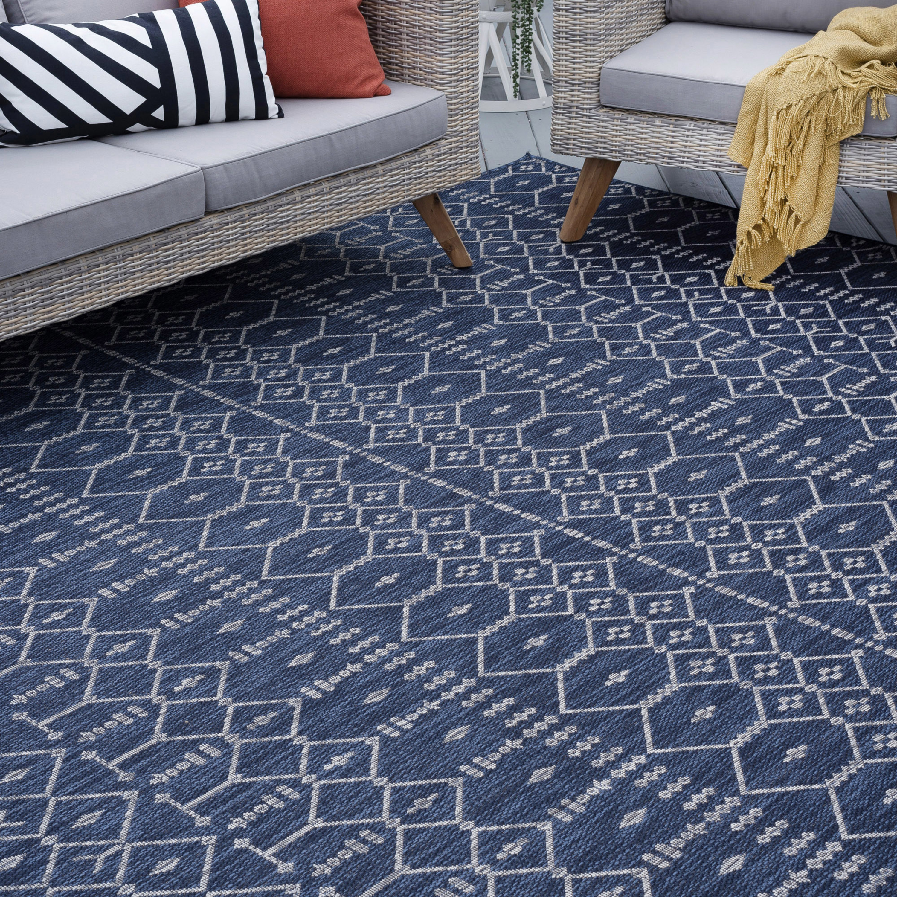 7x10 Water Resistant, Large Indoor Outdoor Rugs for Patios, Front Door Entry, Entryway, Deck, Porch, Balcony | Outside Area Rug for Patio | Navy, Geometric | Size: 6'7'' x 9'6'' - image 1 of 10