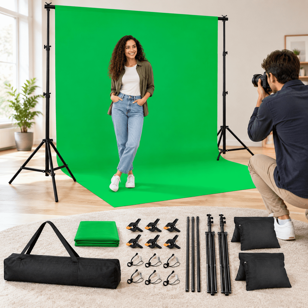 Screen Backdrop Layout 7x10 ft Green Screen Backdrop Kit with Stand for Photography and Video ...