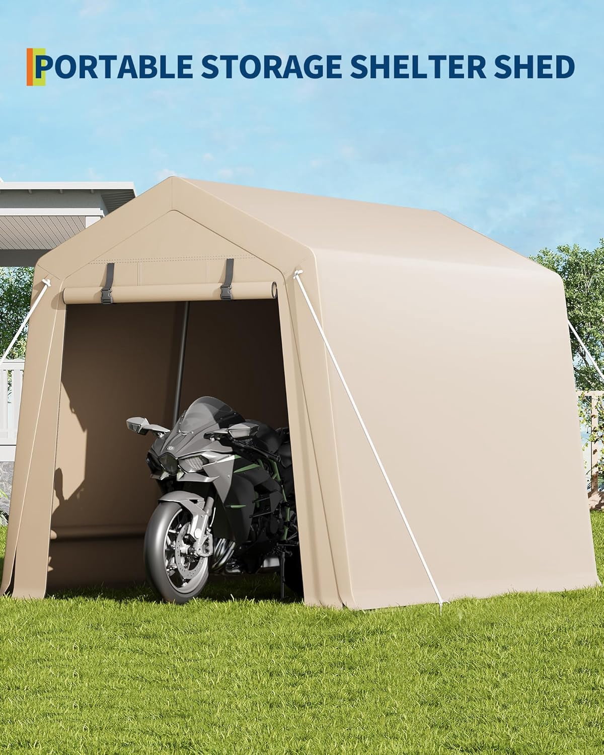 7x10ft Outdoor Carport Portable Storage Shed w/ Roll-Up Door & Vent Heavy-Duty Shelter Waterproof PE Tarp, for Motorcycle, Firewood, Garden and Tools