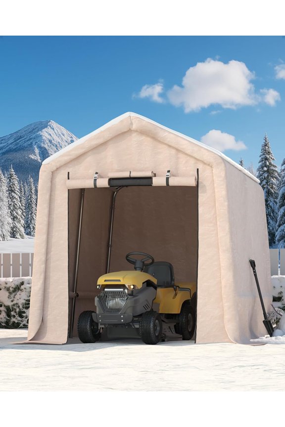 7x10ft Outdoor Portable Storage Shed with Roll-Up Door and Ventilation, 240G Heavy Duty Waterproof PE Tarpaulin, UV-Proof Motorcycle Storage Shed