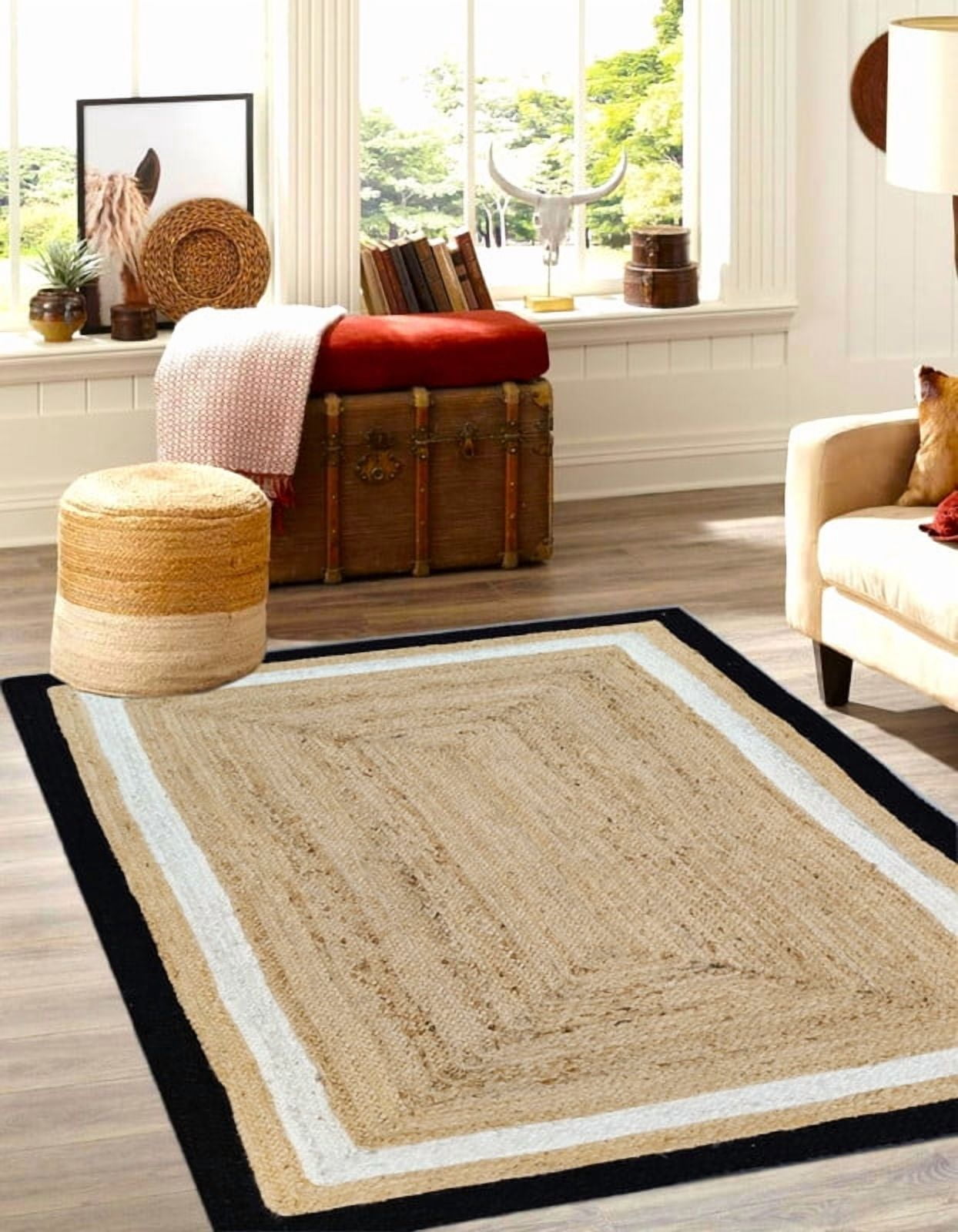 7x11Ft Black White & Natural Jute Area Rug | Handmade | Solid Farmhouse Design | Natural Jute Rug for Living Room | Dining Room | Bedroom | Kitchen | Hallway | Entryway