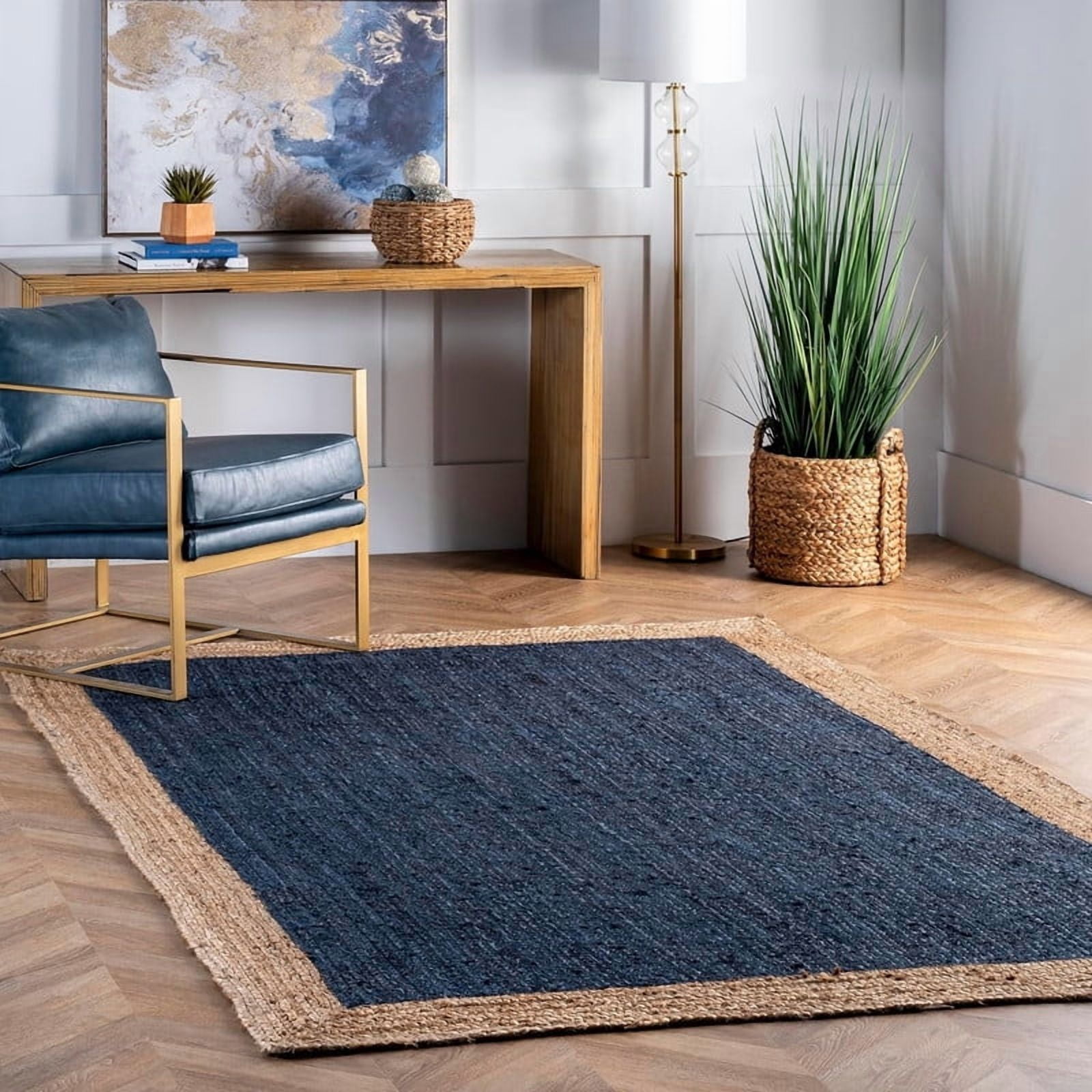 7x11Ft Inner Navy Blue Jute Area Rug | Handmade | Solid Farmhouse Design | Natural Jute Rug for Living Room | Dining Room | Bedroom | Kitchen | Hallway | Entryway