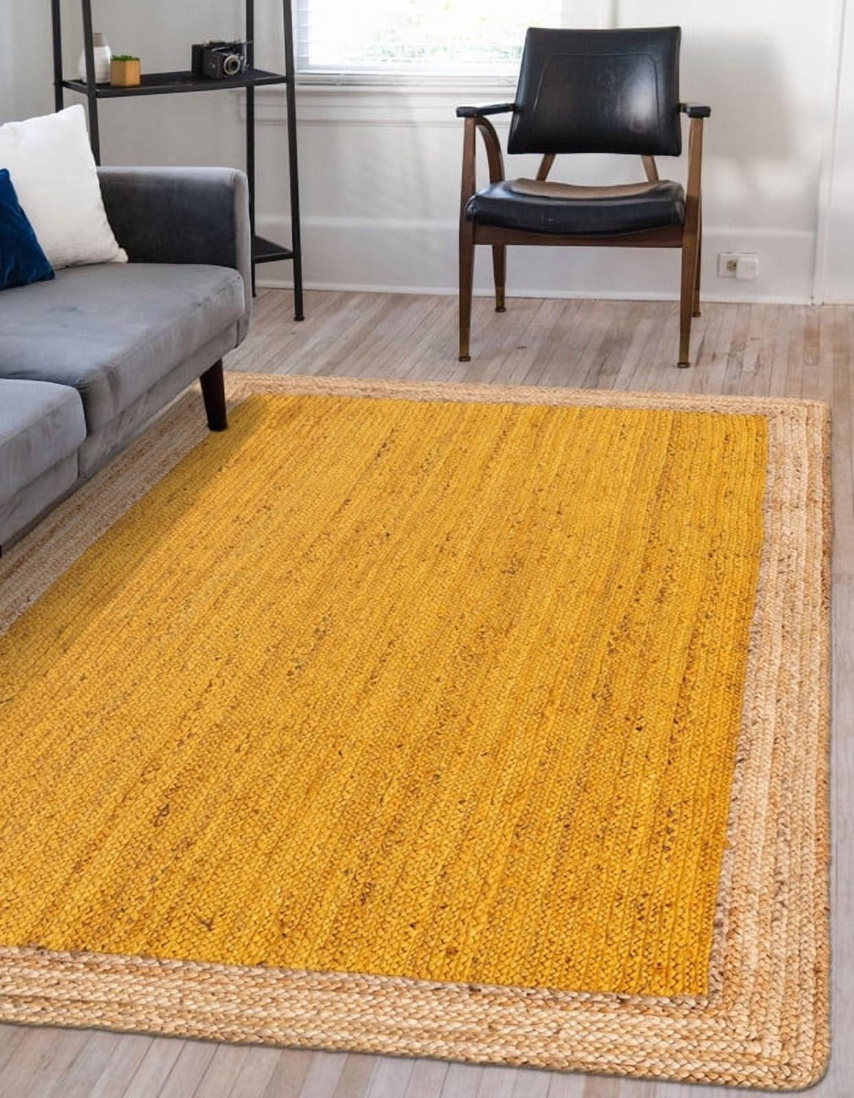 7x11Ft Inner Yellow Jute Area Rug | Handmade | Solid Farmhouse Design | Natural Jute Rug for Living Room | Dining Room | Bedroom | Kitchen | Hallway | Entryway