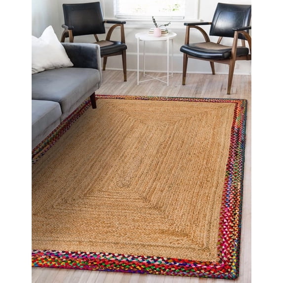 7x12 Ft Multi & Natural Jute Area Rug, Hand-Woven, Reversible, Farmhouse Boho Style, Durable & Pet-Friendly Rug for Living Room, Dining Room, and Bedroom