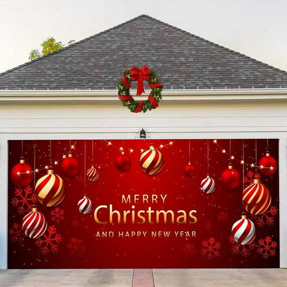 7x16 FT Christmas Garage Door Cover Banner, Red Festival Large Hanging Backdrop Door Banner, Merry Christmas Happy New Year Xmas Garage Wall Decorations for Holiday Party Gift Décor