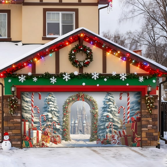 7x16 ft Christmas Banner Cover, Garage Door Christmas Cover Winter Snow Scene Outdoor Large Garage Door Decors Xmas Candyland Village Backdrop for Wall House Holiday Party Decor