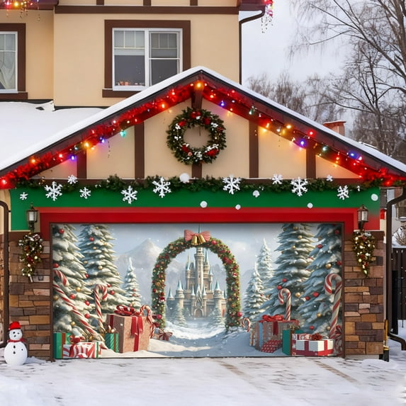 7x16 ft Christmas Banner Cover, Garage Door Christmas Cover Winter Snow Scene Outdoor Large Garage Door Decors Xmas Candyland Village Backdrop for Wall House Holiday Party Decor