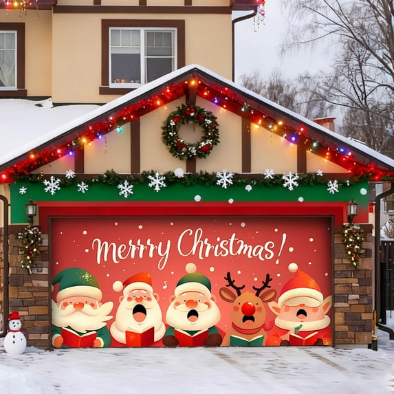 7x16 ft Christmas Banner Cover, Garage Door Christmas Cover Winter Snow Scene Outdoor Large Garage Door Decors Xmas Candyland Village Backdrop for Wall House Holiday Party Decor