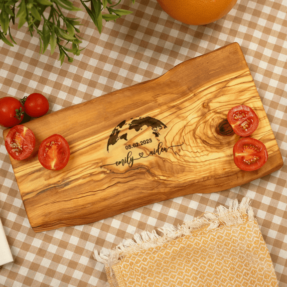7x18 Personalized Olive Wood Cutting Board, Custom Engraved Charcuterie Board, Rustic Live Edge Serving Board