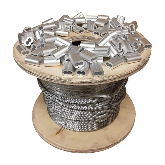 7x19 Galvanized Aircraft Cable Wire Rope 1/4" 250 ft with 1/4" Aluminum Sleeves - 100 Sleeves