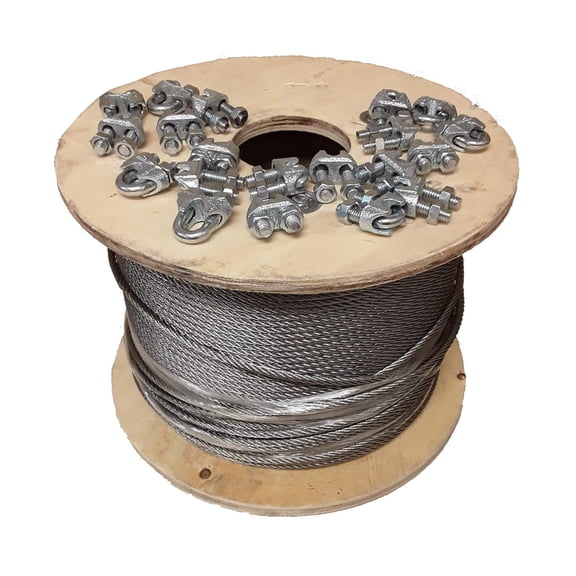 7x19 Galvanized Aircraft Cable Wire Rope 1/8" 1000 ft with 1/8" Cable Clamps Clips – 20 Clamps