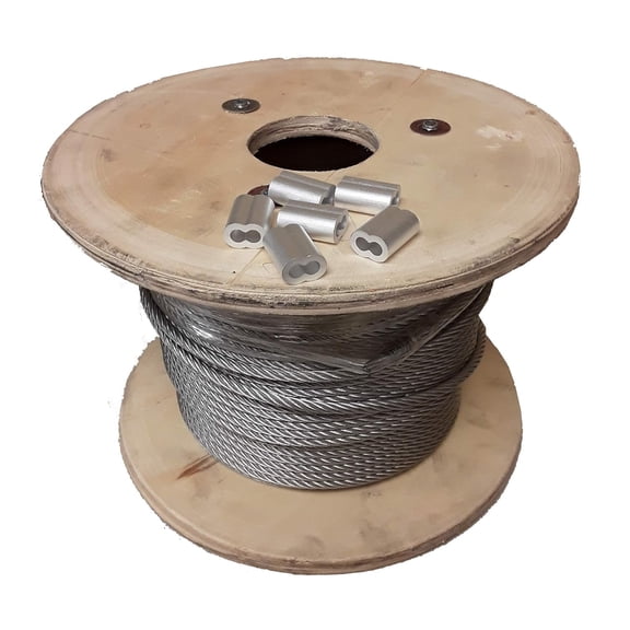 7x19 Galvanized Aircraft Cable Wire Rope 3/16" 500 ft with 3/16" Aluminum Sleeves – 6 Sleeves