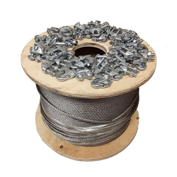 7x19 Galvanized Aircraft Cable Wire Rope 5/16" 200 ft with 5/16" Cable Clamps Clips - 6 Clamps