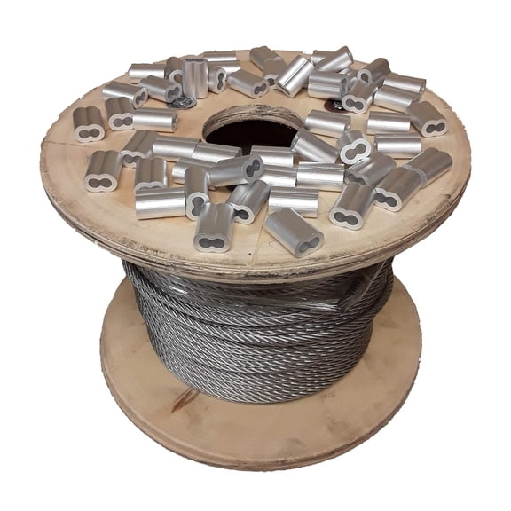 7x19 PVC Galvanized Aircraft Wire Rope 1/8" - 3/16" 500 ft with 3/16" Aluminum Sleeves - 50 Sleeves